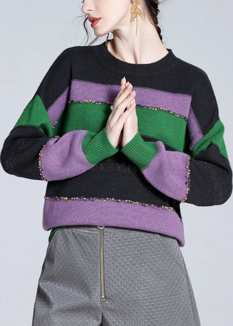 Purple O-neck Cozy Patchwork Wool Knit Sweater Winter
