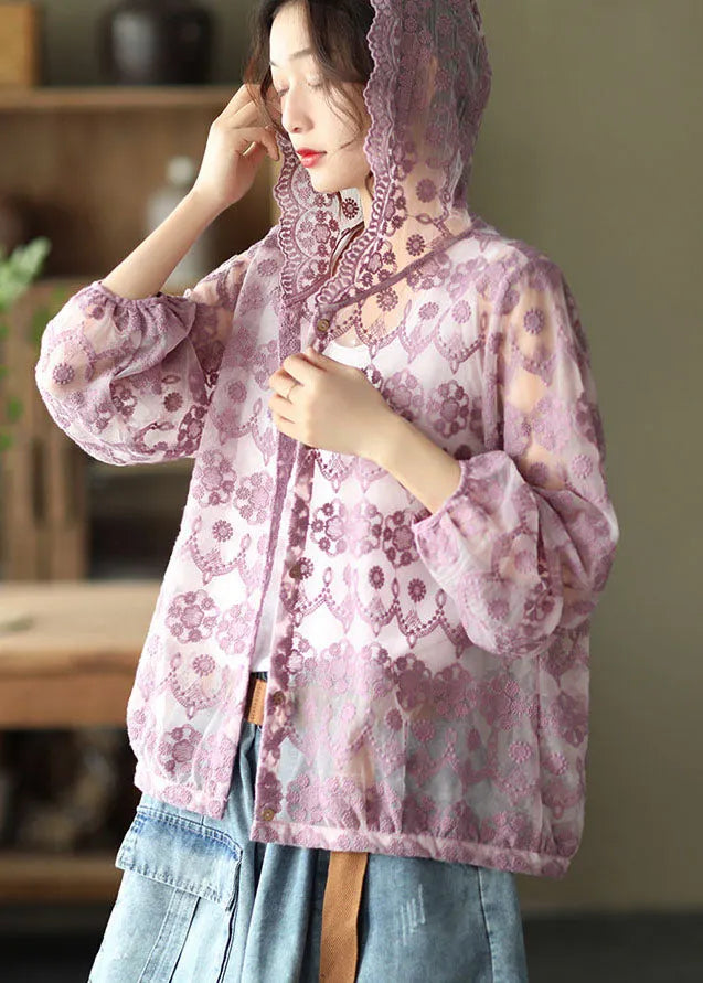Purple Hollow Out Lace Upf 50+ Coat Cardigan Embroidered Long Sleeve