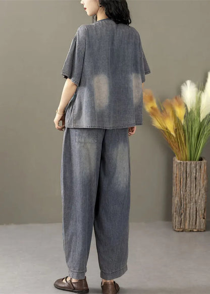 Blue Embroidered Tops and Crop Pants Denim Two Pieces Set Summer