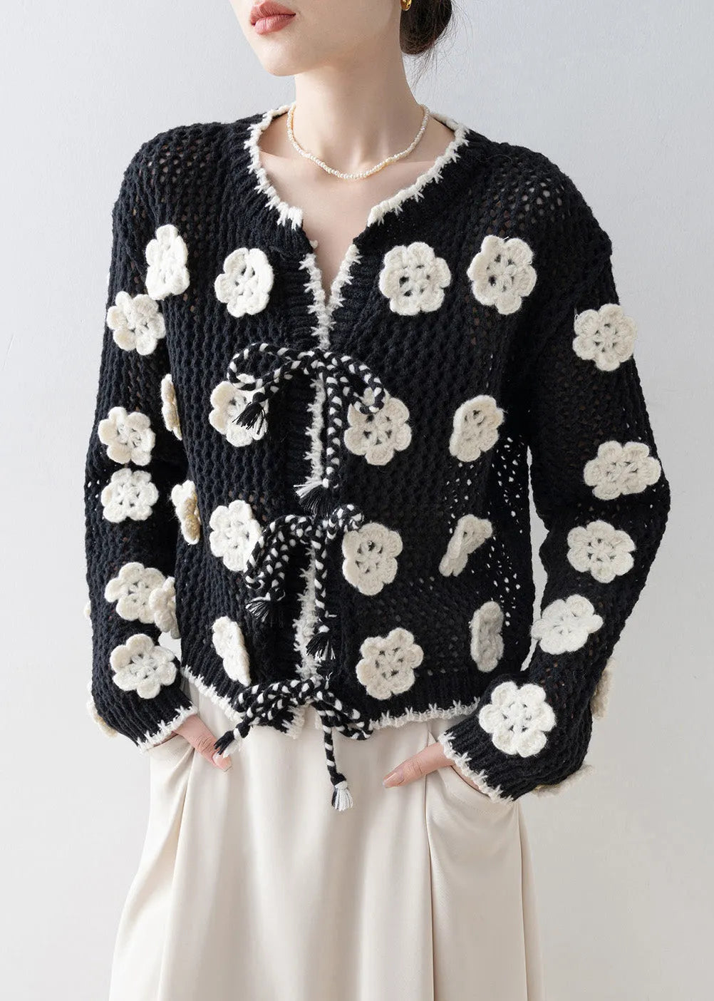 Diy Black Decorated Hollow Out Knit Cardigan Spring