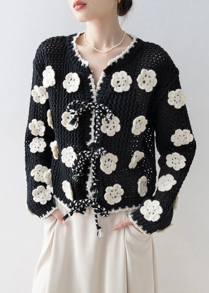 Diy Black Decorated Hollow Out Knit Cardigan Spring