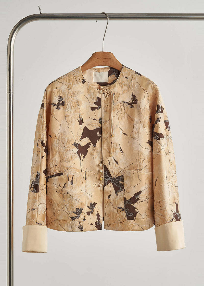 Style Yellow Tasseled Jacquard Silk Coats Fall