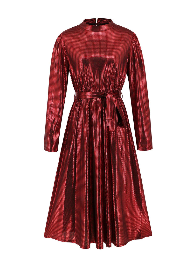 Mulberry Stand Collar Tie Waist Silk Party Dress Fall