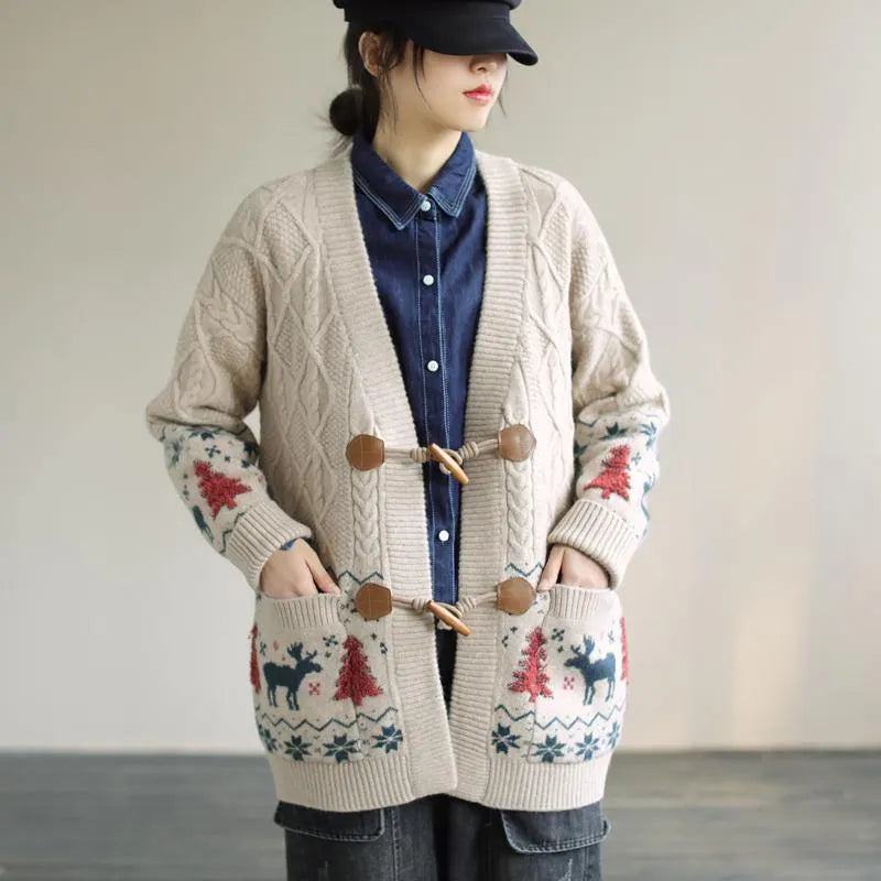 For Work Spring Knit Sweat Tops Beige Deer Print Knitted Cardigans