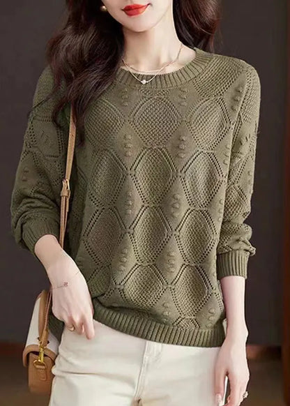 Rose O-neck Hollow Out Cotton Knitted Sweaters Fall