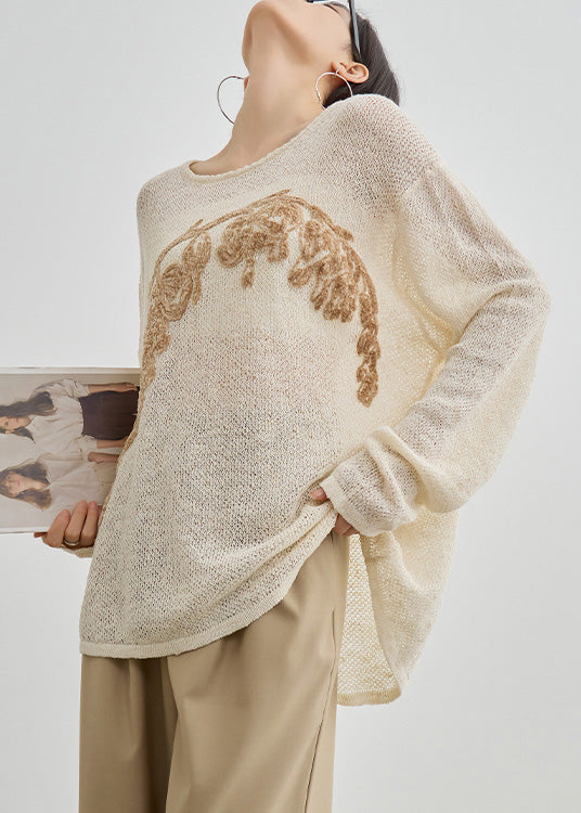 Apricot O Neck Embroidered Knit Top Fall