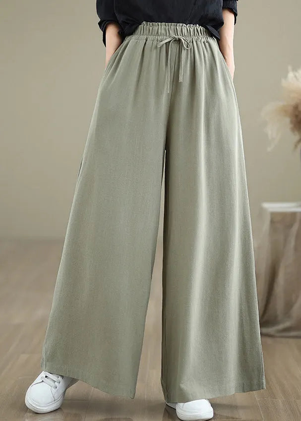 Light Green Pockets Elastic Waist Cotton Pants Fall