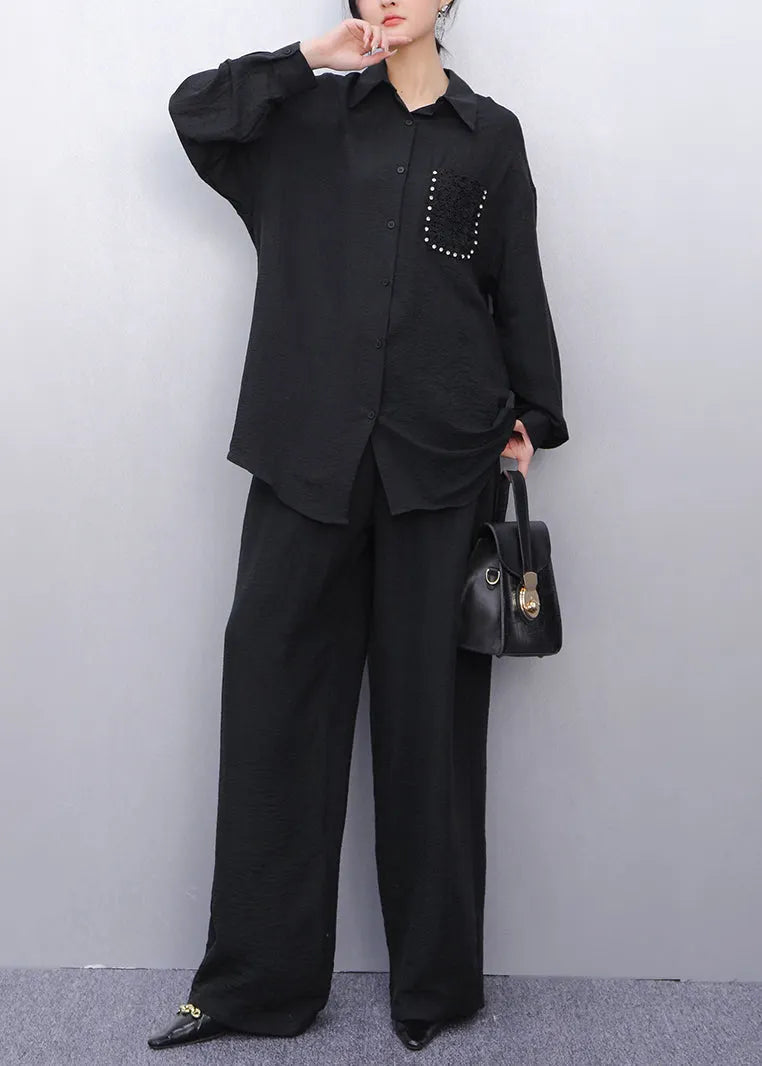 Classy White Peter Pan Collar Nail Bead Shirt and Wide Leg Pants Two Piece Set Fall