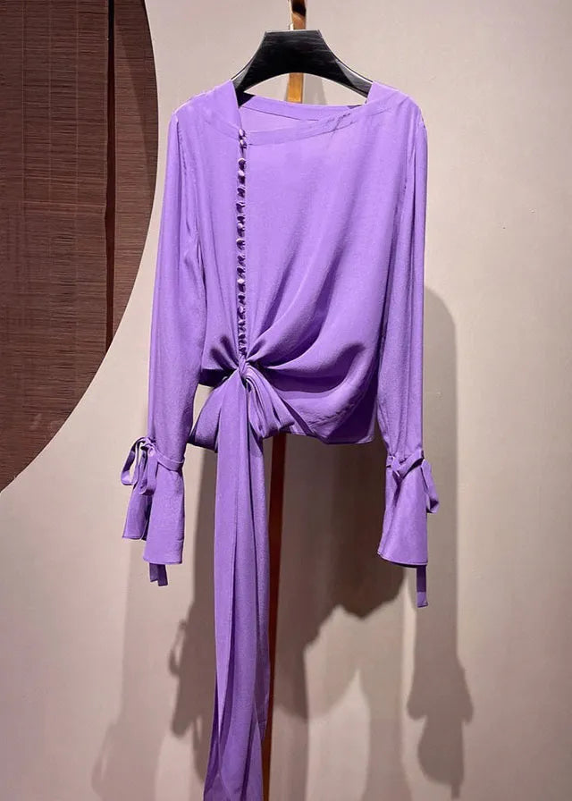 Purple Asymmetrical Tie Waist Shirt Fall