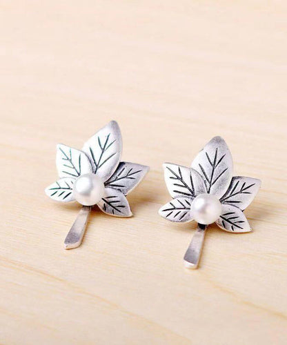 Silver Maple Leaf Nail Bead Stud Earrings