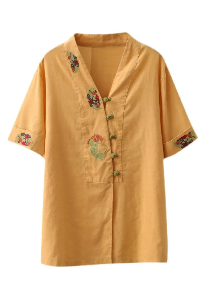 Yellow V Neck Embroidered Button Shirt Short Sleeve