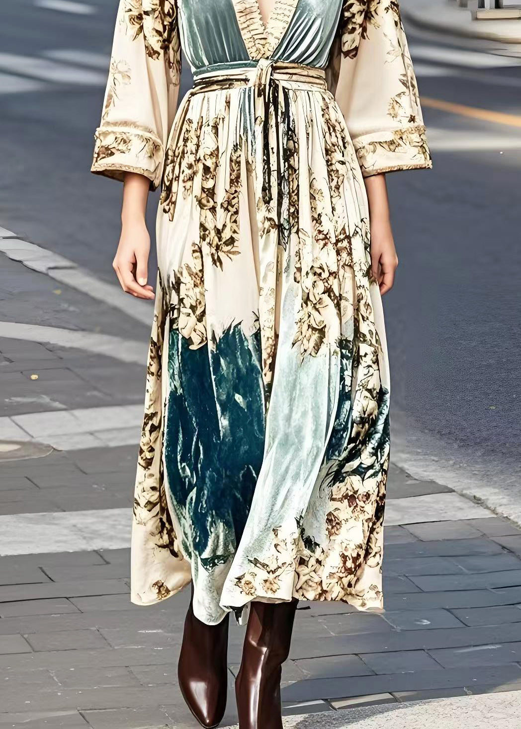 Apricot Print Exra Large Hem Silk Velvet Vacation Dresses Spring