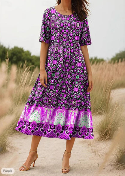 Red O Neck Print Cotton Long Dress Summer
