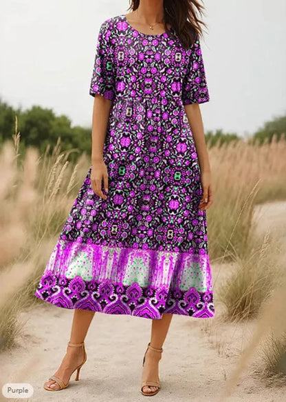Red O Neck Print Cotton Long Dress Summer