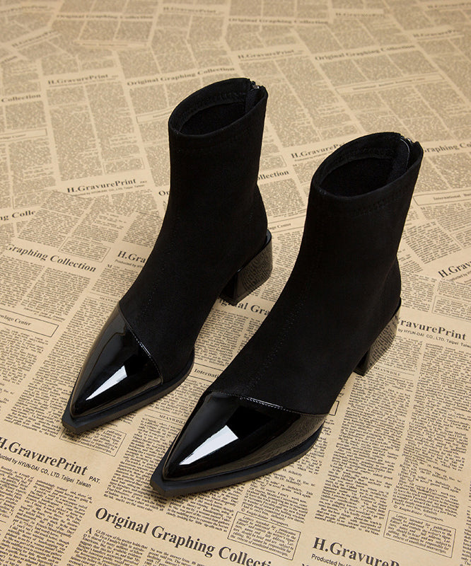 Brown Chunky Splicing Boots Pointed Toe