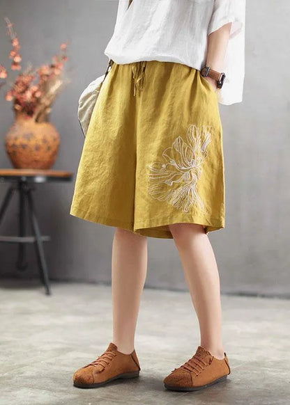 Art Chocolate Embroidered Tie Waist Linen Hot Pants