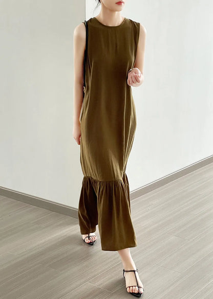 New Olive Green Button Hollow Out Cotton Dress Summer