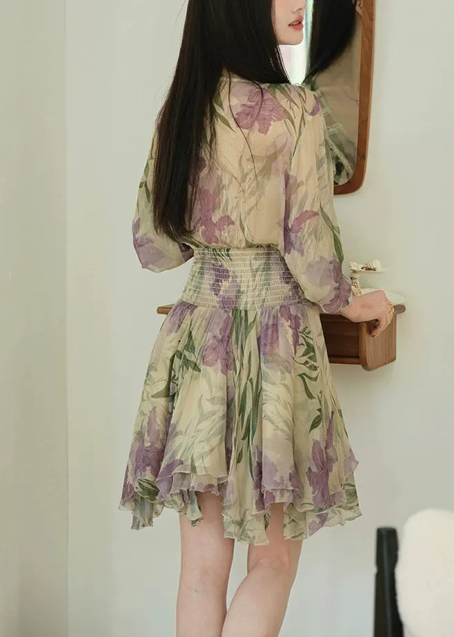 Purple Print Lace High Waist Chiffon Dresses Ruffled