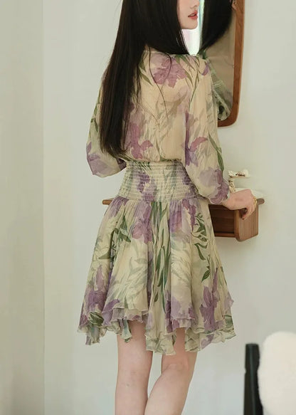 Purple Print Lace High Waist Chiffon Dresses Ruffled