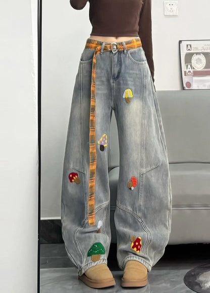 Fitted Grey Embroidered Patchwork Denimwarm Fleece Pants Winter