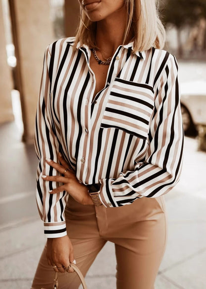 Organic Khaki Peter Pan Collar Striped Cotton Blouses Spring