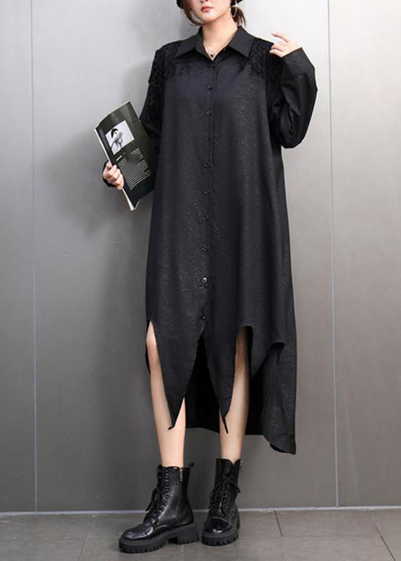 Black Peter Pan Collar Asymmetrical Lace Patchwork Long Shirts Dress Spring