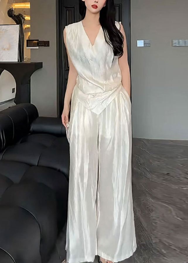 White V Neck Asymmetrical Silk Top and Pants Two Pieces Set Summer