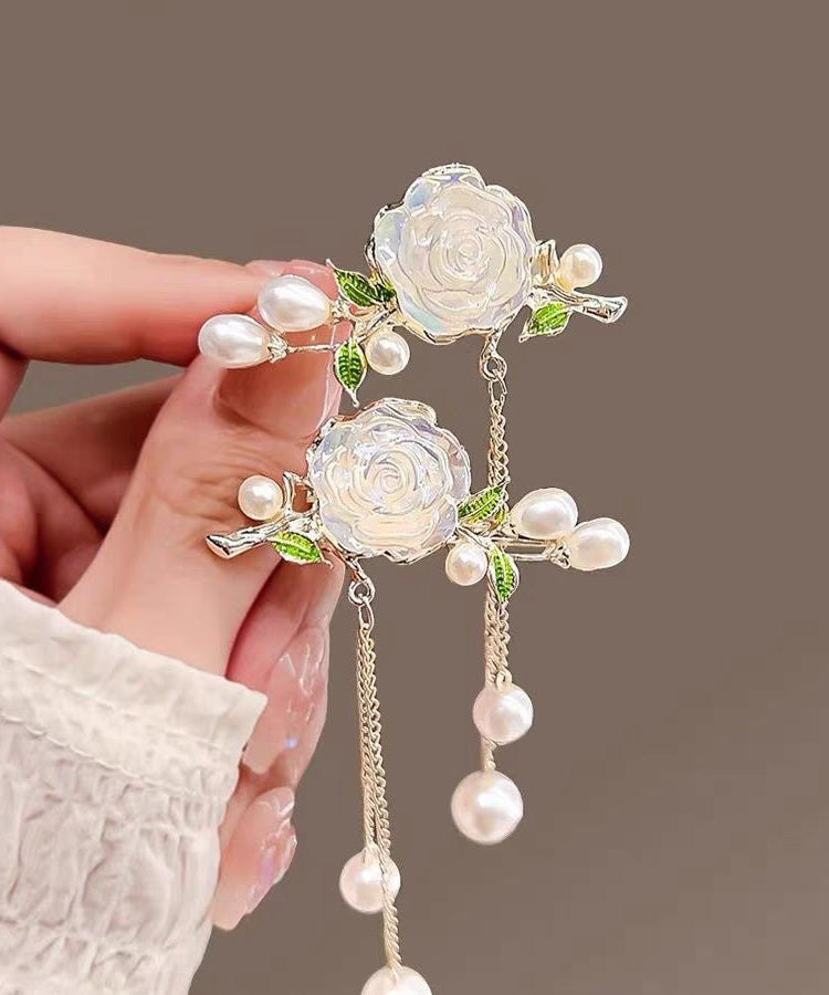 White Alloy Colored Glaze Camellia Pearl Tassel a Pair Hairpin