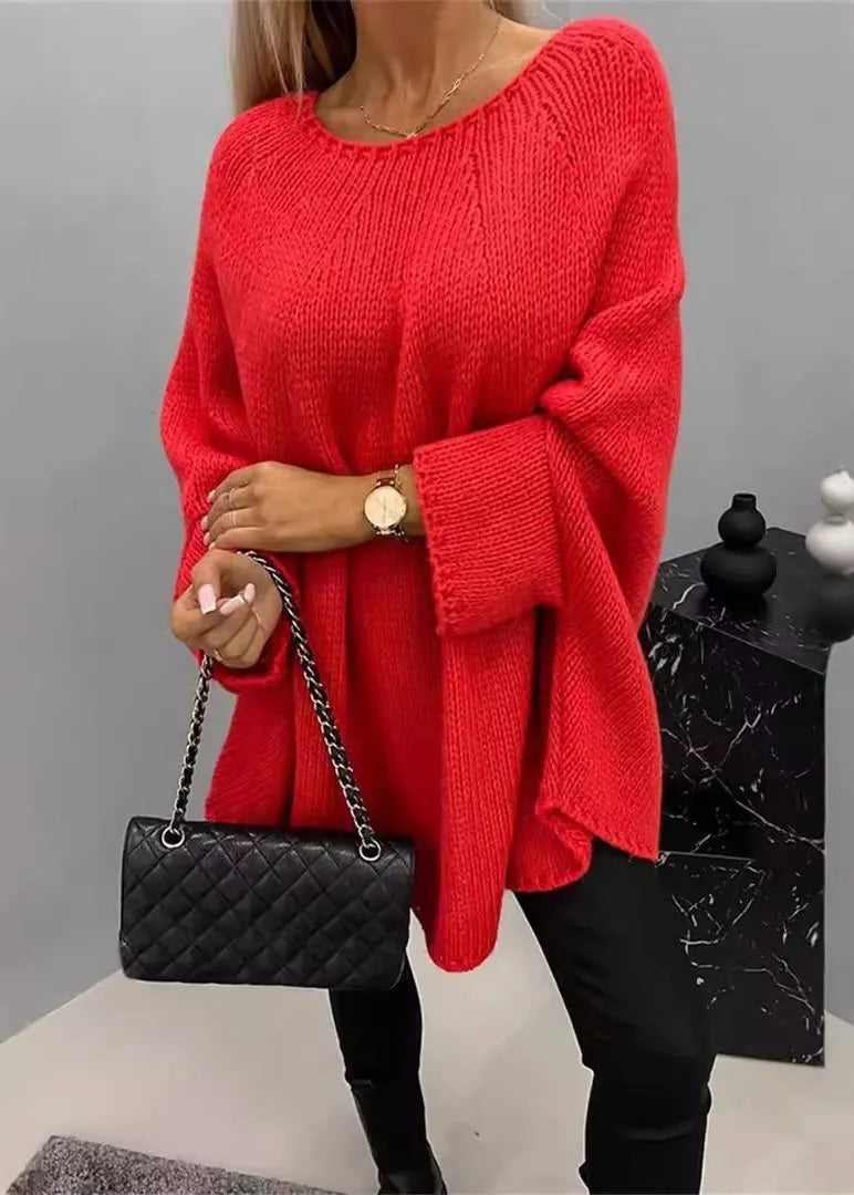 Khaki O Neck Knit Sweater Batwing Sleeve