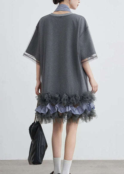 Stylish Grey O Neck Tulle Patchwork Cotton T Shirt Dresses Summer