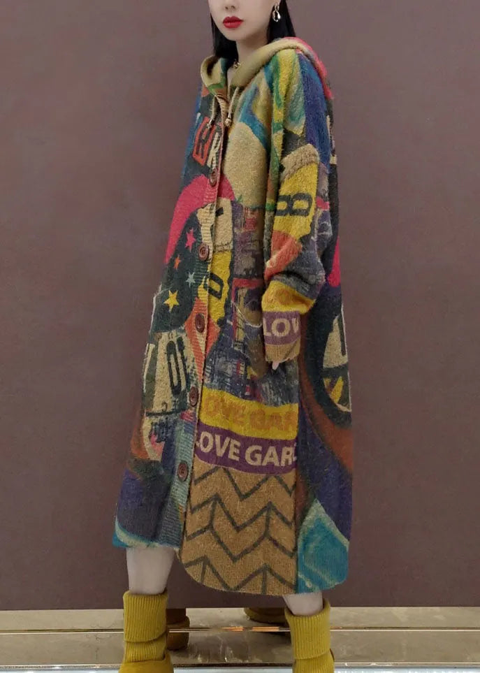 Print Button Maxi Knitted Cotton Thread Hooded Sweater Coat Fall