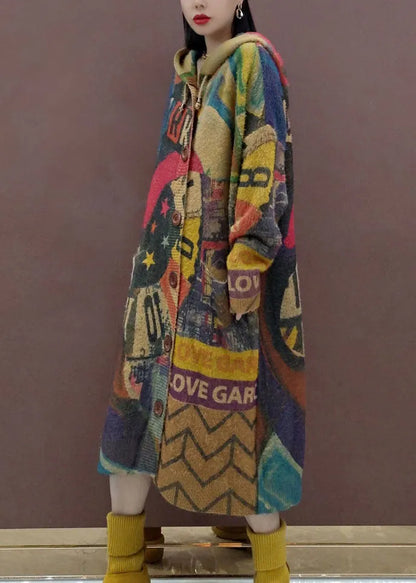 Print Button Maxi Knitted Cotton Thread Hooded Sweater Coat Fall