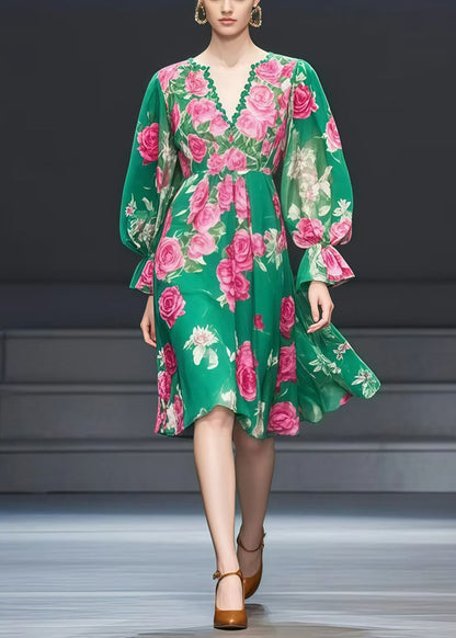 Green V Neck Print Chiffon Tea Dress Fall