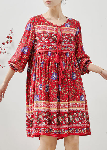 Red Tasseled Print Cotton Mini Dresses Fall