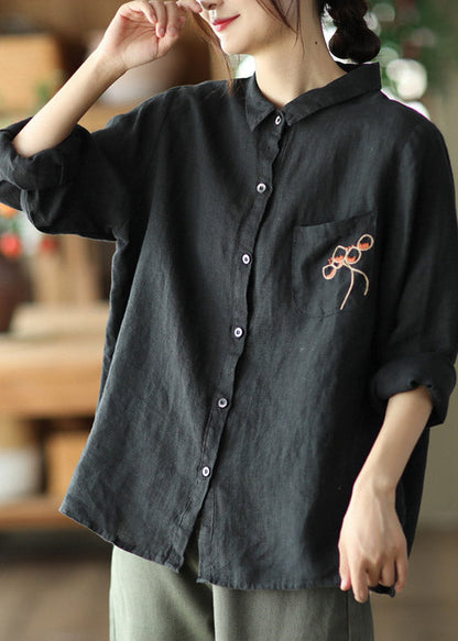 Red Peter Pan Collar Embroidered Button Linen Shirt Long Sleeve