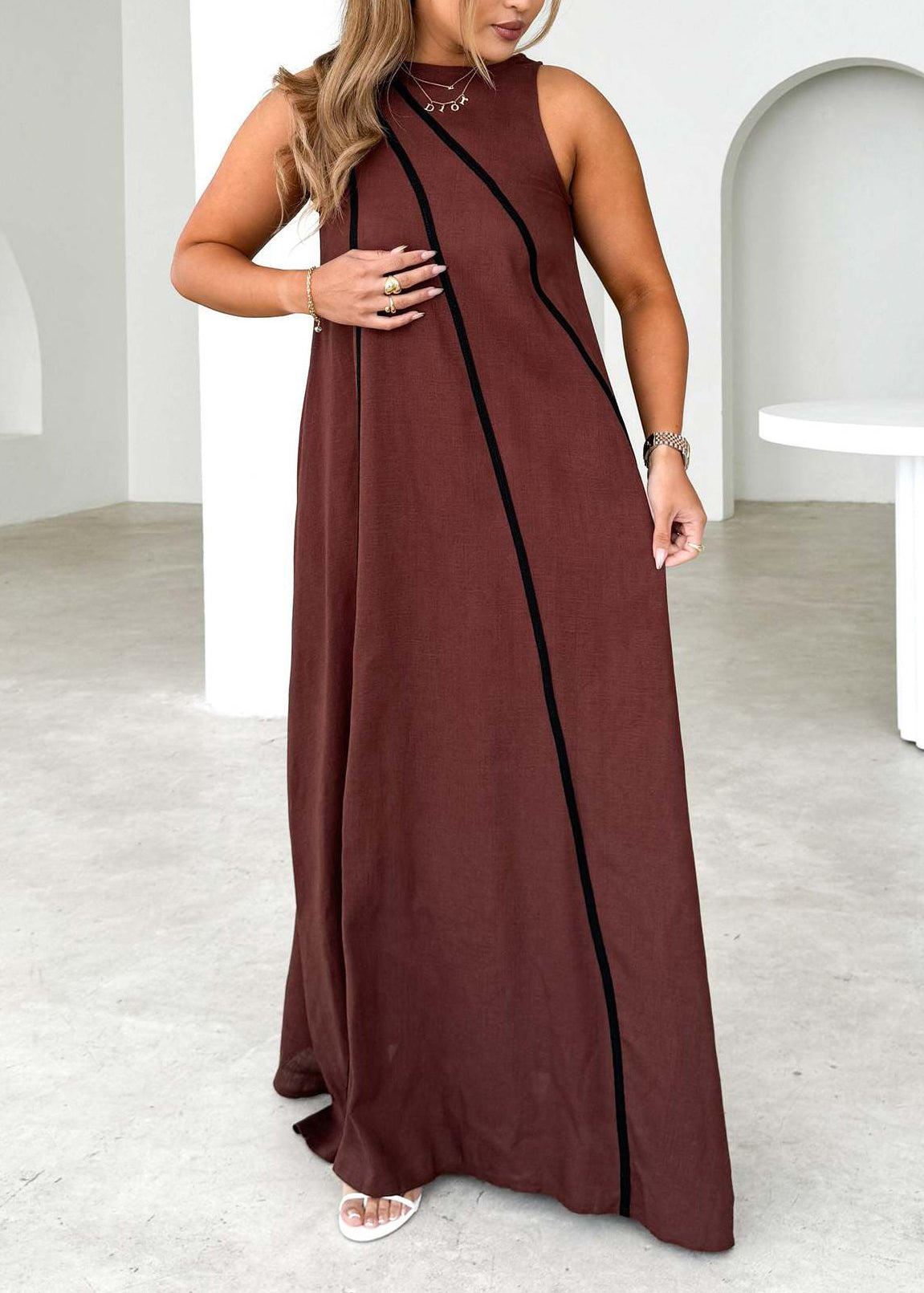 Unique Black Striped Cotton Long Dress Sleeveless