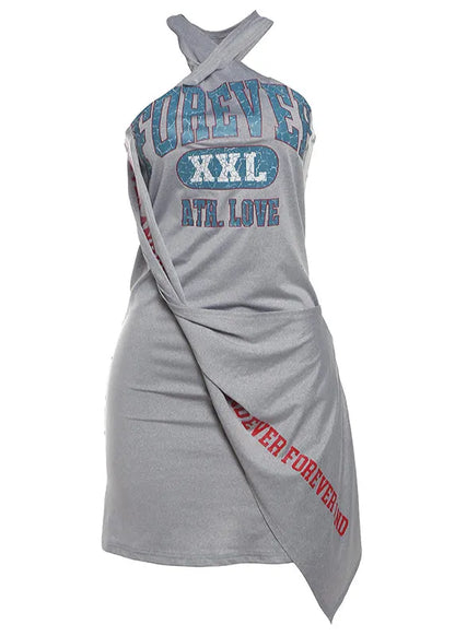 Grey Asymmetrical Print Cotton Dresses Sleeveless