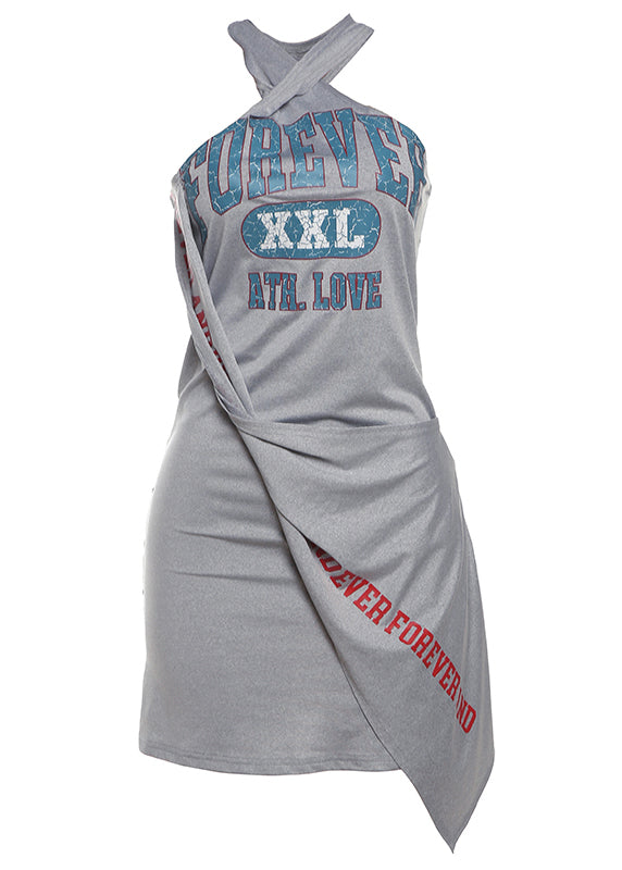 Grey Asymmetrical Print Cotton Dresses Sleeveless