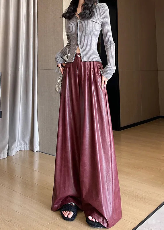 New Red Pockets High Waist Faux Leather Wide Leg Pants Fall