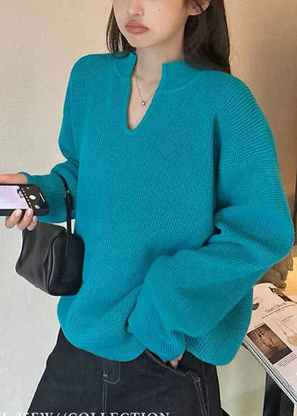 Italian Blue V Neck Oversized Knit Sweater Fall
