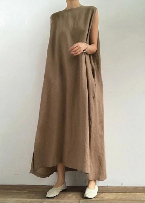 O Neck Side Open Linen Cotton Clothes Fabrics Khaki Dress