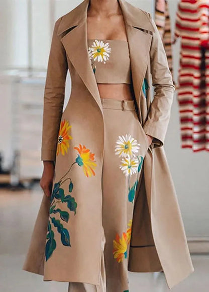 Black Notched Print Coats ,tube Top and Pants Three Pieces Set Spring
