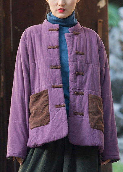 Chinese Style Purple Pockets Oriental Button Fine Cotton Filled Jacket Winter