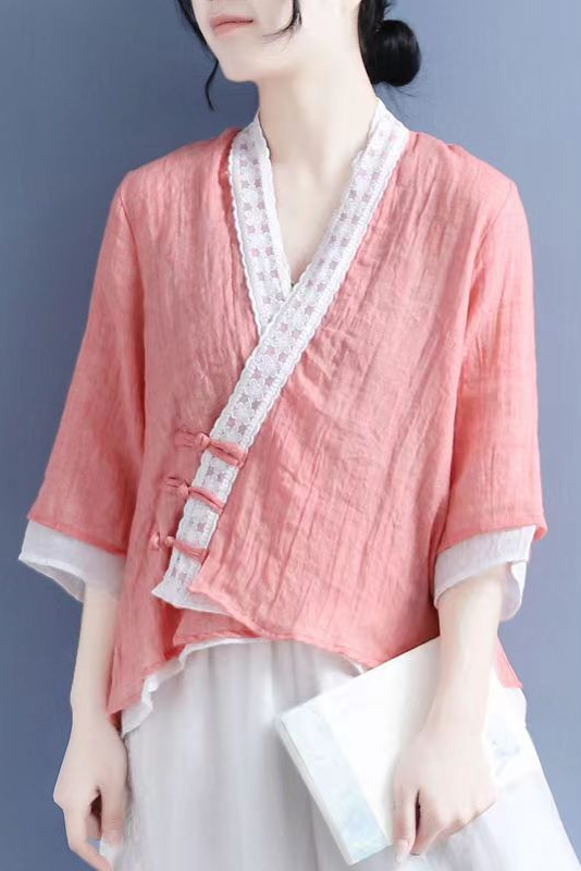 Summer Lace Slanted Button Shirt Lace-up 3/4 Sleeve Tops