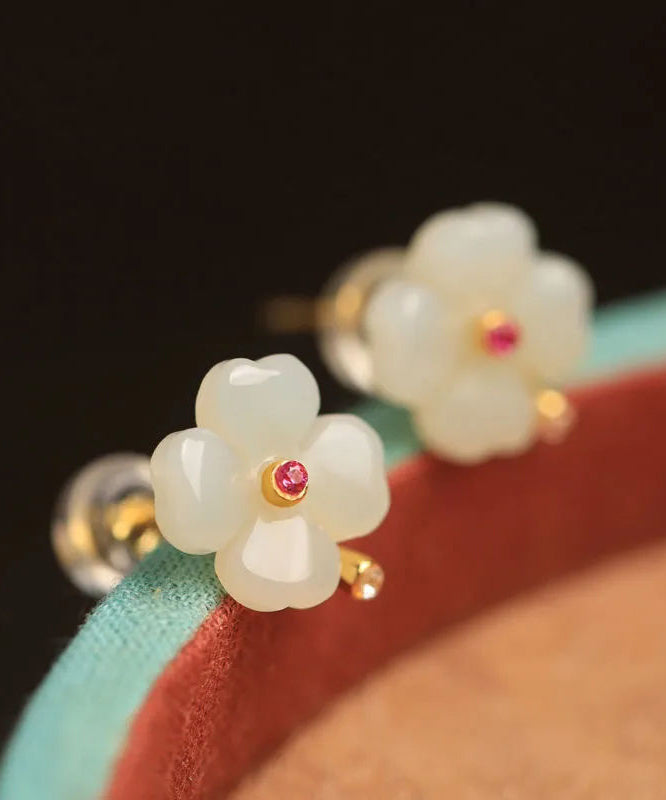 Light Green Sterling Silver Jade Zircon Four Leaf Clover Stud Earrings
