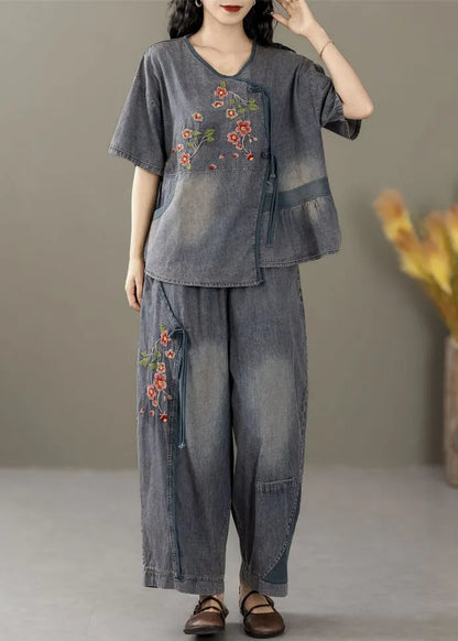 Blue Embroidered Tops and Crop Pants Denim Two Pieces Set Summer