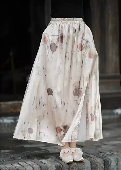 New Print Pockets Elastic Waist Silk Skirts Summer
