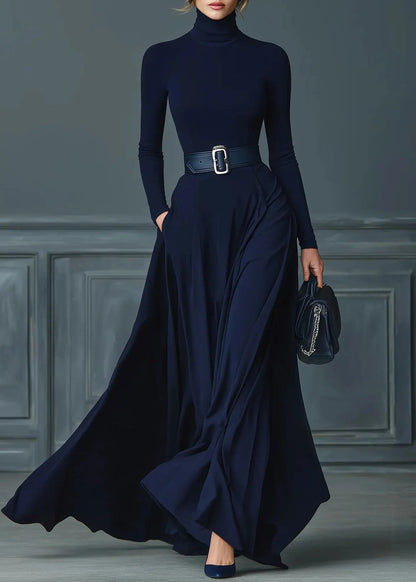 Boutique Navy Hign Neck Patchwork Cotton Long Dress Fall