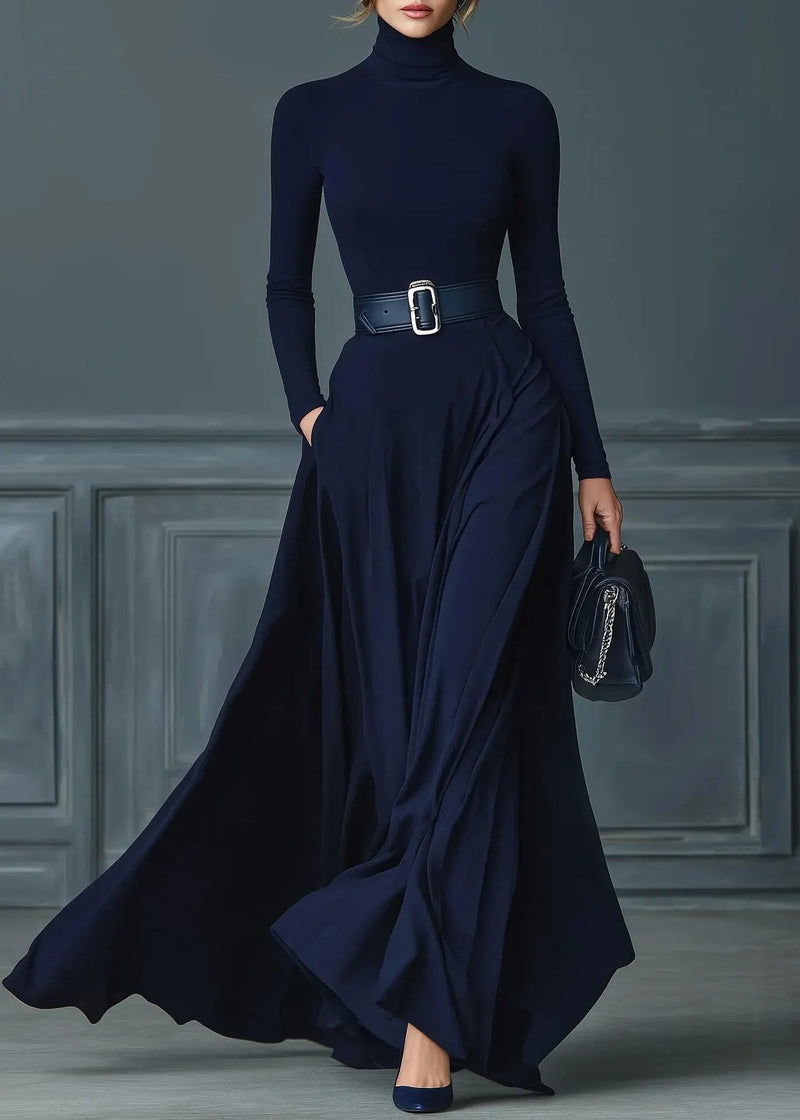 Boutique Navy Hign Neck Patchwork Cotton Long Dress Fall