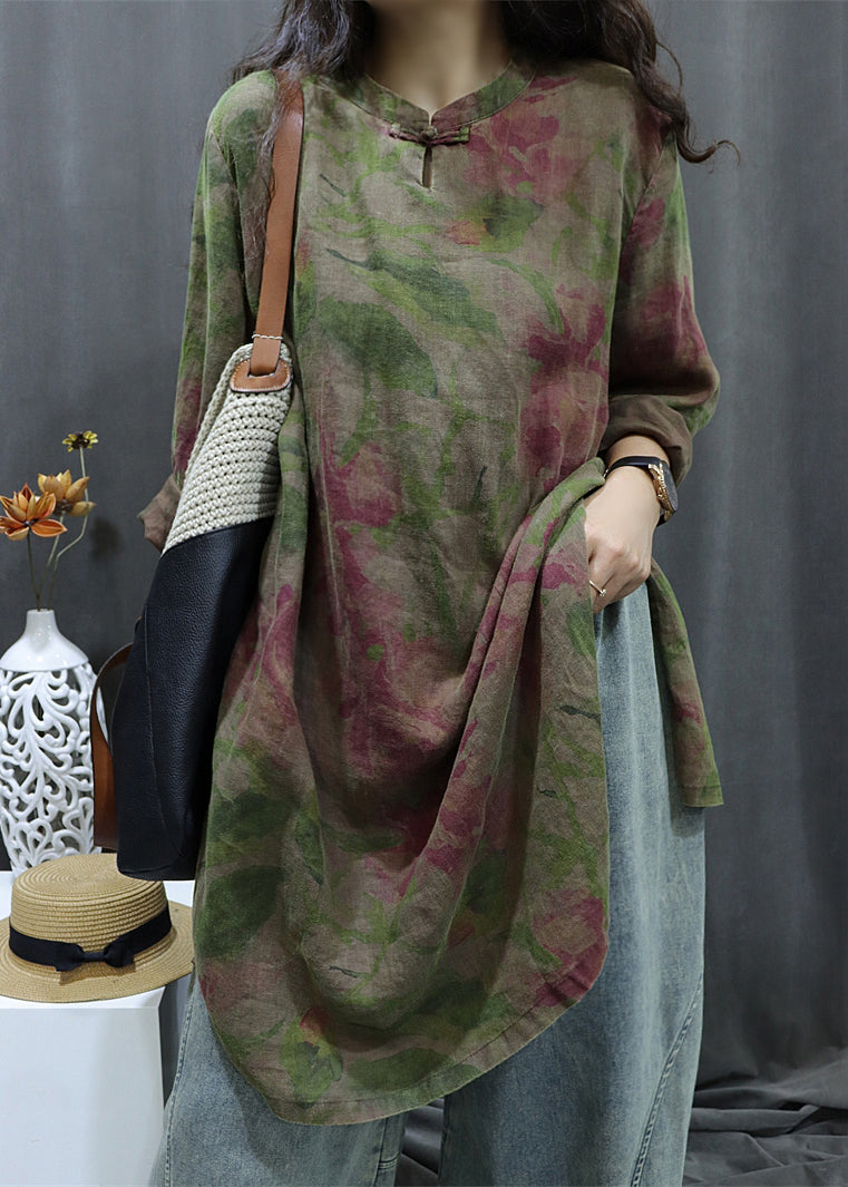 Black Print Button Linen Shirts Dress Bracelet Sleeve